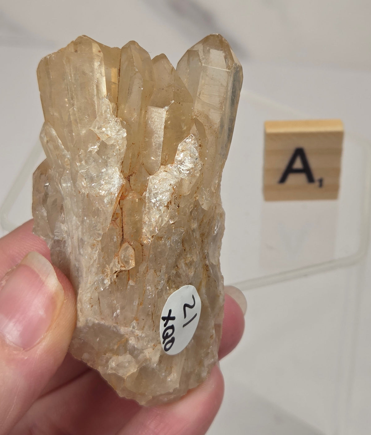 citrine cluster specimen being held in a hand with a wooden letter tile in the background against a white marbled background