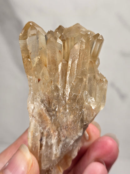 citrine cluster specimen being held in a hand  against a white marbled background