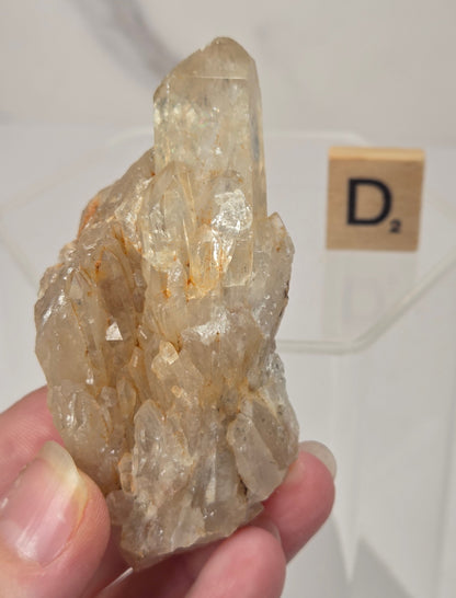 A hand holding a raw, natural clear quartz crystal cluster with orange-brown inclusions, with a small Scrabble tile showing the letter 'D' in the background.