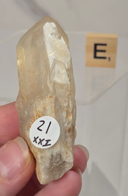 citrine cluster specimen being held in a hand with a wooden letter tile in the background against a white marbled background
