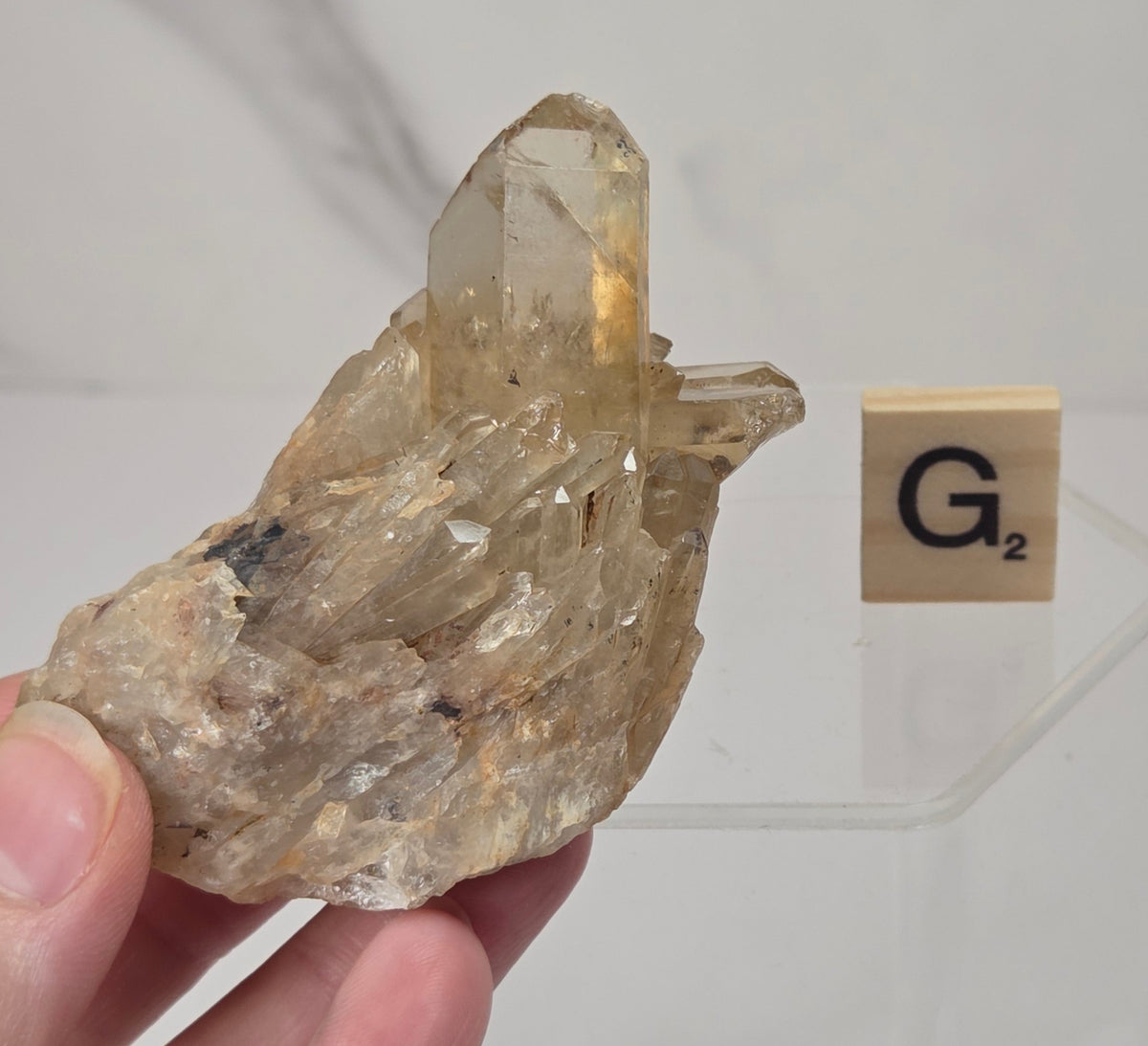 citrine cluster specimen being held in a hand with a wooden letter tile in the background against a white marbled background