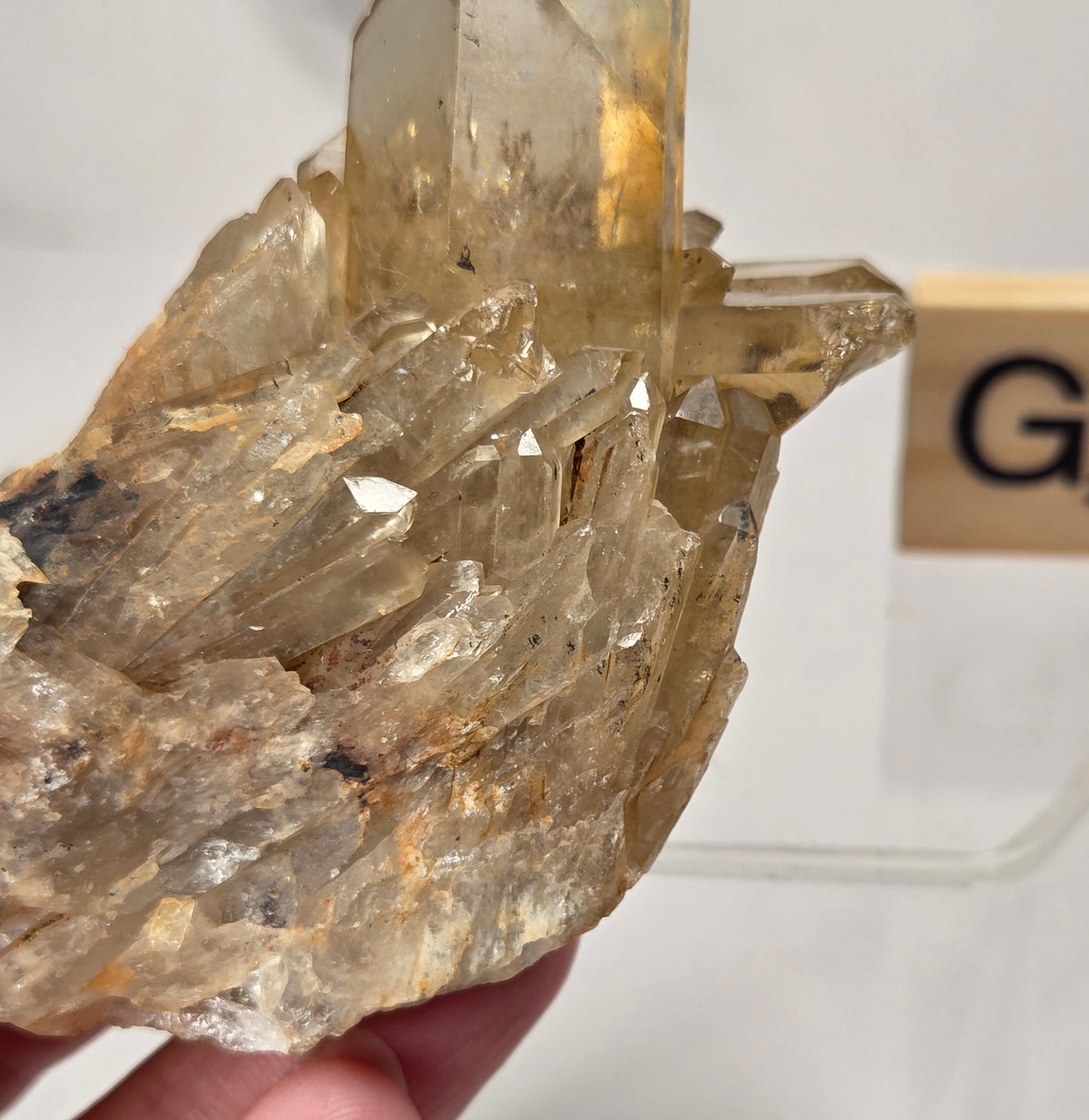 citrine cluster specimen being held in a hand with a wooden letter tile in the background against a white marbled background