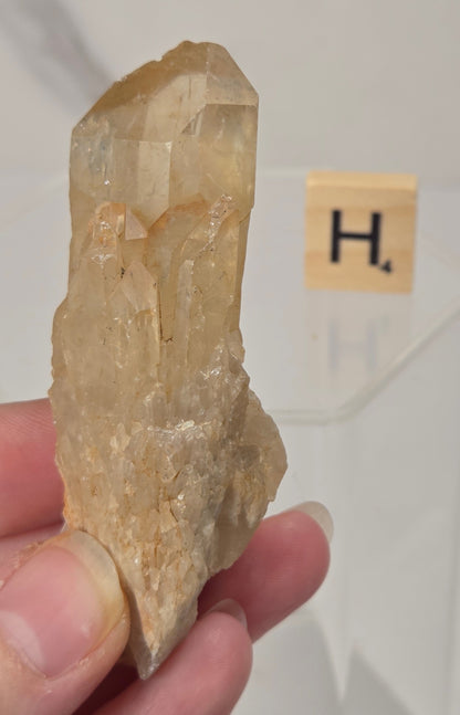 A hand holding a raw, unpolished quartz crystal with natural rough edges and a pale golden-brown hue, set against a clean white background with a small letter block displaying 'H.' in the distance.