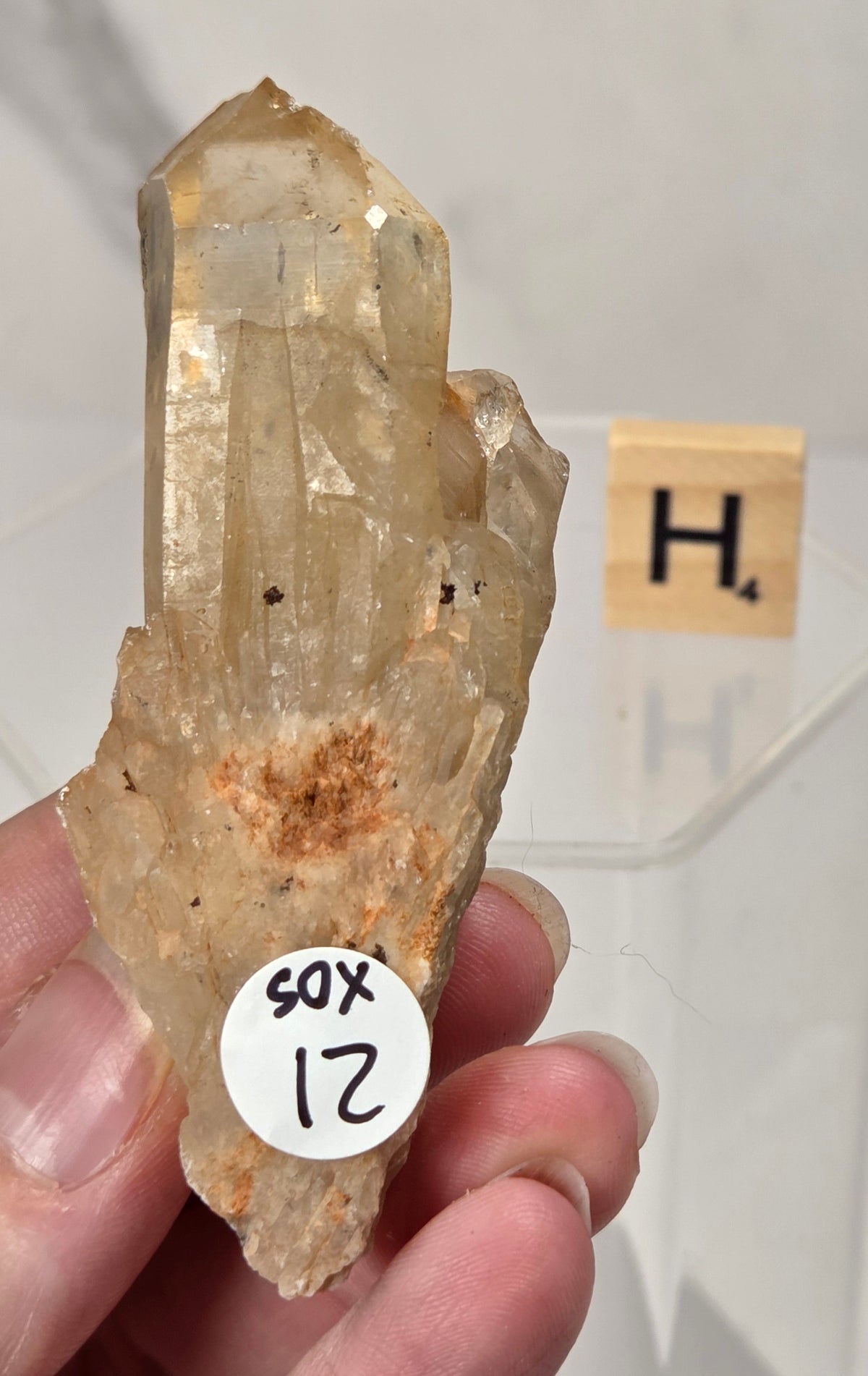 citrine cluster specimen being held in a hand with a wooden letter tile in the background against a white marbled background