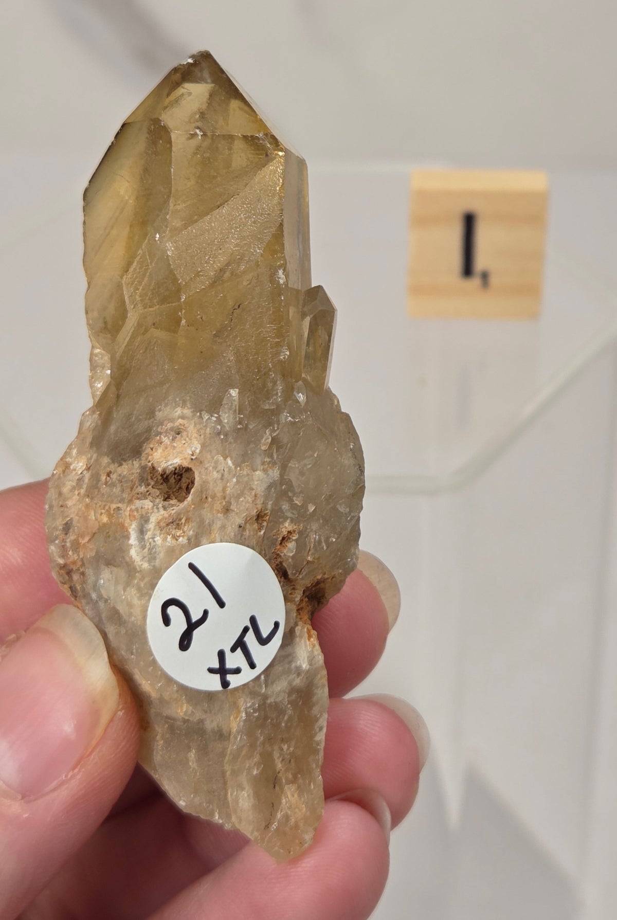 citrine cluster specimen being held in a hand with a wooden letter tile in the background against a white marbled background