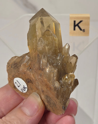 A hand holding a natural smoky quartz crystal cluster with multiple pointed crystal points on a rough matrix, with a small white label and a Scrabble tile showing 'Ks' in the background.