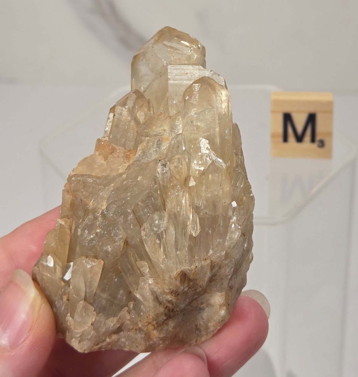 A hand holding a raw, rough quartz crystal cluster with natural branching points and a warm golden-brown hue. A small Scrabble tile with the letter 'M' is visible in the background on a clear acrylic stand against a light gray marble-patterned wall.