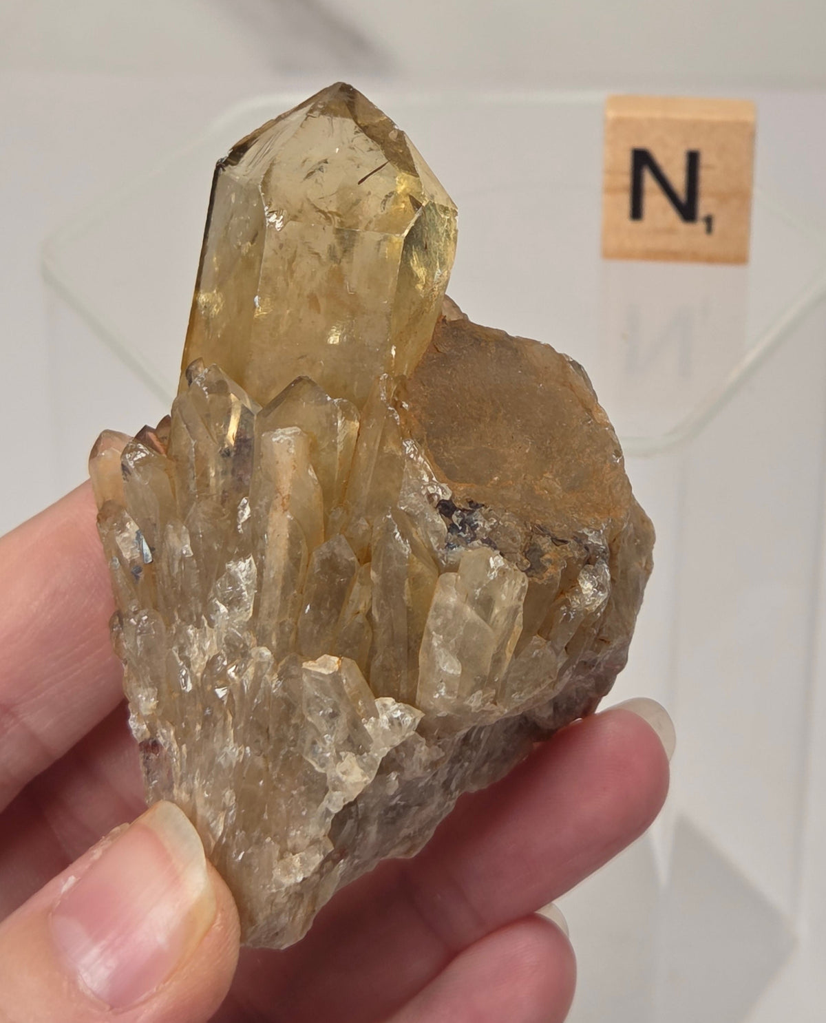 A hand holding a raw smoky quartz crystal cluster, with a small wooden 'N1' tile in the background on a white surface.
