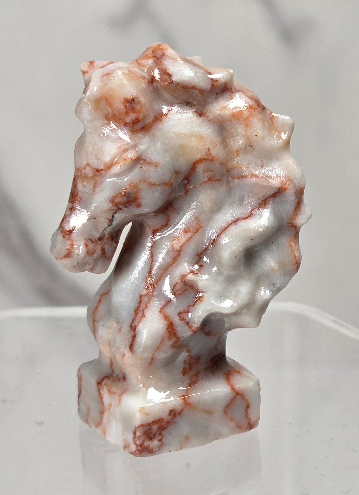 A small carved horse head figurine made of Red Vein Jasper, displayed on a clear acrylic stand against a light marble-patterned background.