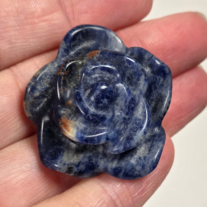 Hand holding a blue stone flower against a neutral background