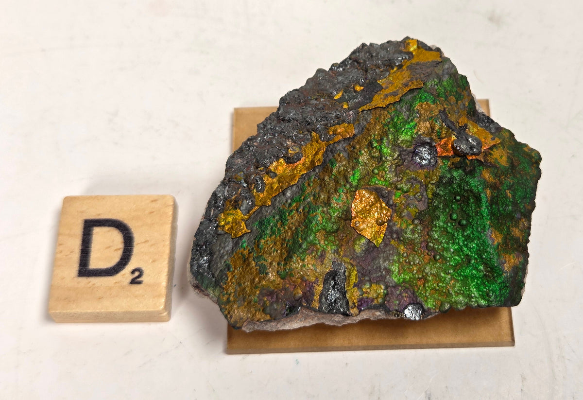 A raw mineral specimen with vibrant green, gold, and dark gray crystalline textures, displayed on a small cardboard riser next to a Scrabble tile showing the letter D.