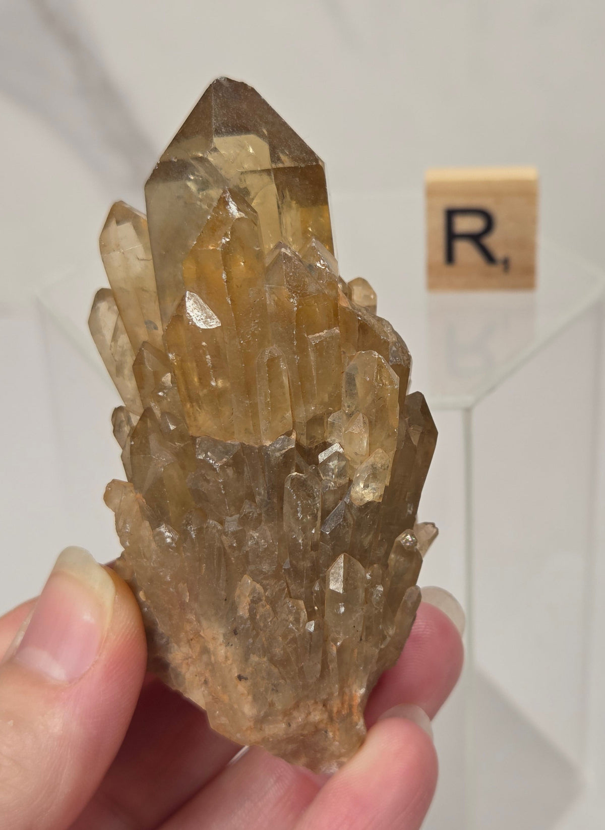 A hand holding a natural smoky quartz crystal cluster, with a small wooden letter block displaying 'R.' in the background on a clear acrylic stand.