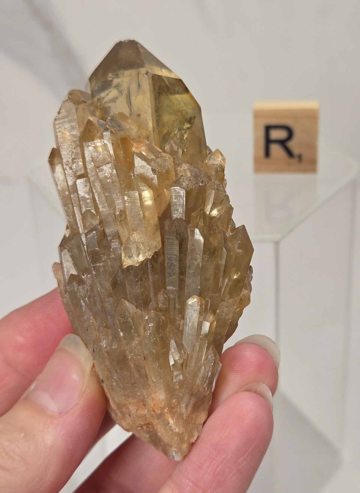 A hand holding a natural quartz crystal point specimen with a rough matrix base. The crystal is translucent golden-brown with some darker inclusions.