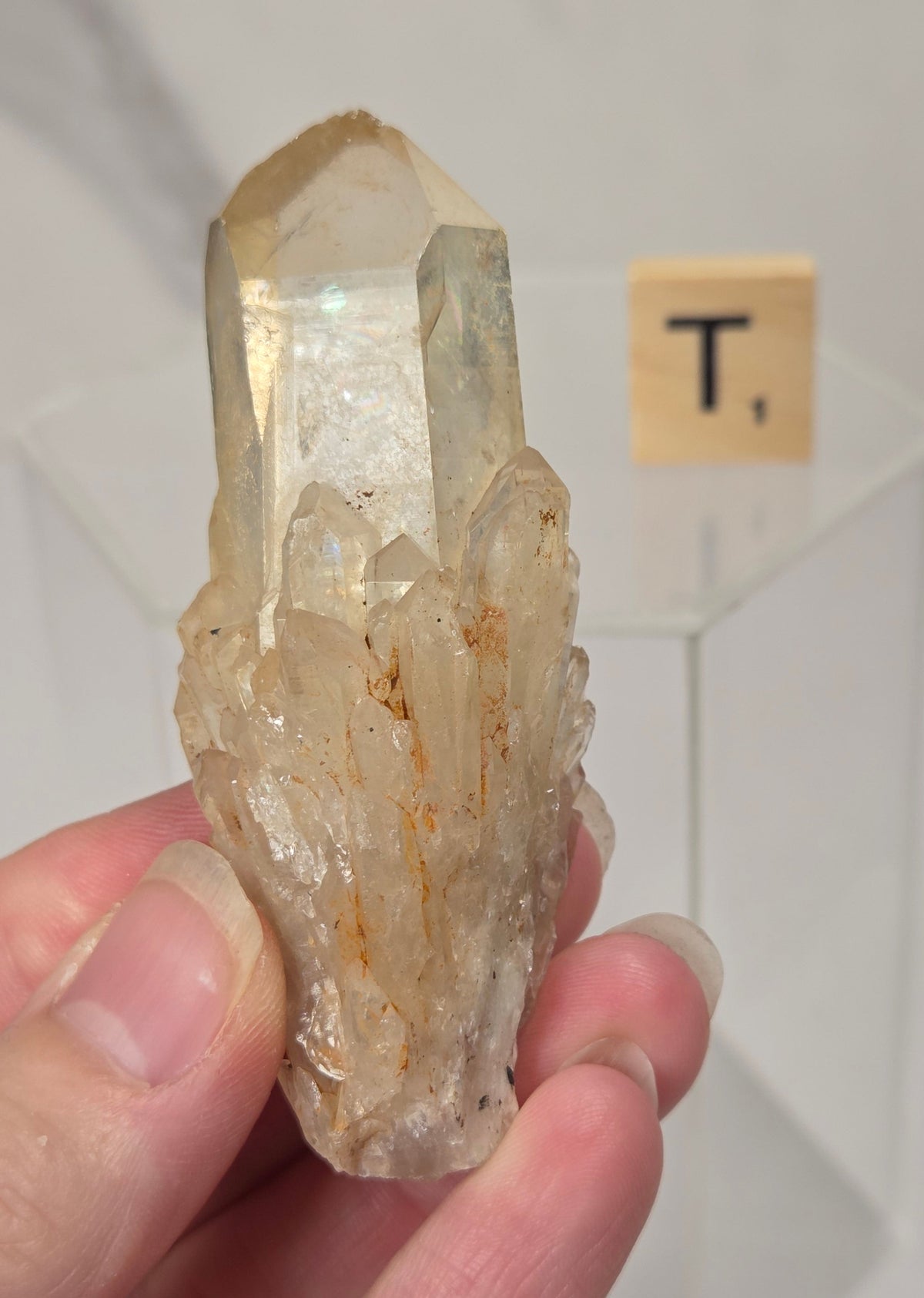 A hand holding a natural clear quartz crystal cluster with subtle golden-brown inclusions, set against a white marble background with a small wooden letter tile.