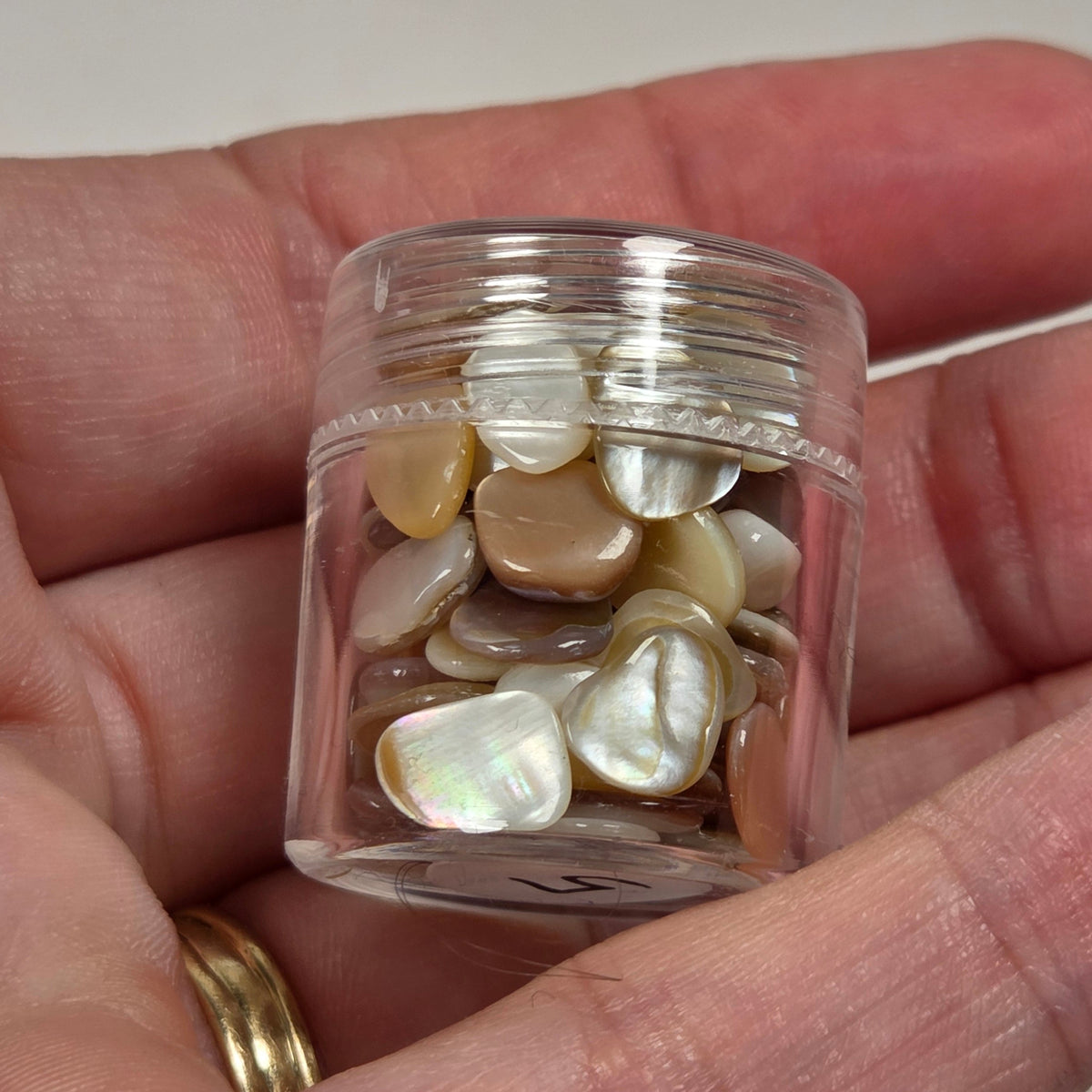 Hand holding a small clear plastic jars filled with polished stone or shell-like pieces in neutral earthy tones, arranged on a light gray surface.