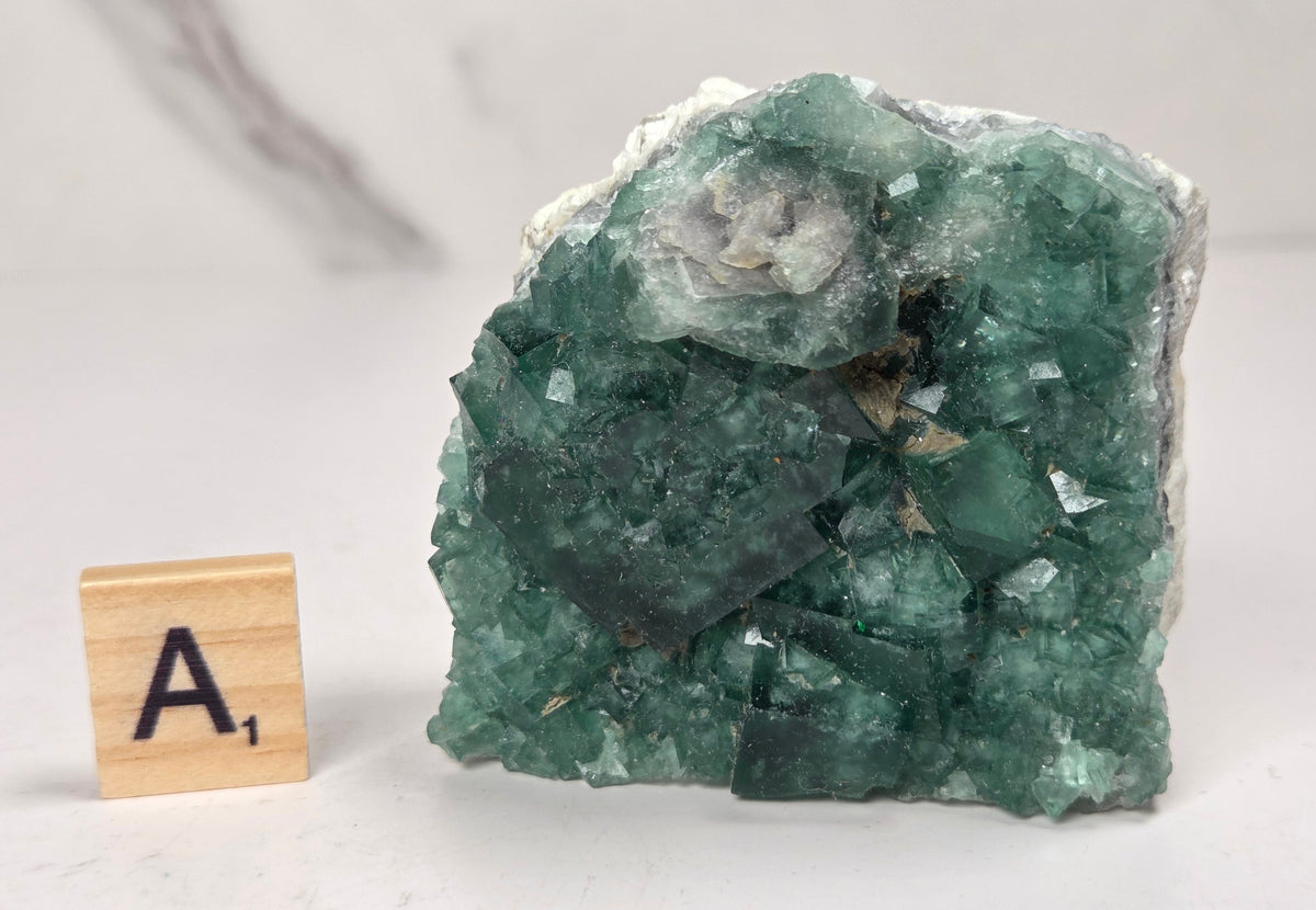 Green Fluorite specimen with a wood tile with the letter A against a marbled background