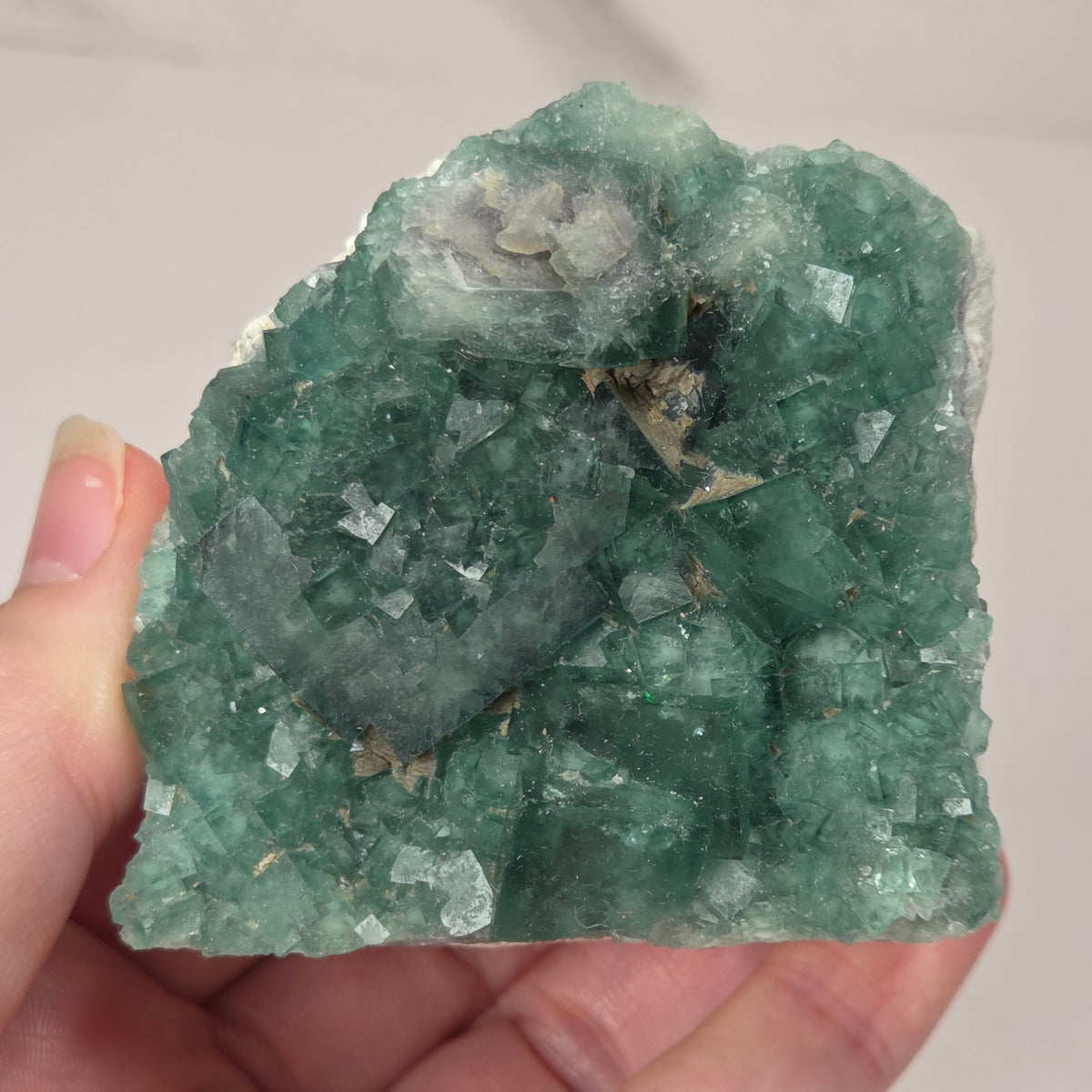 Green Fluorite specimen being held in a hand against a marbled background
