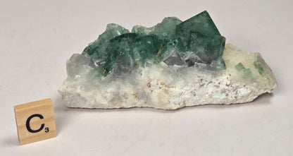 Green Fluorite specimen with a wood tile with the letter C against a marbled background