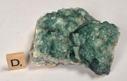 Green Fluorite specimen with a wood tile with the letter D against a marbled background