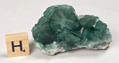 Green Fluorite specimen with a wood tile with the letter H against a marbled background