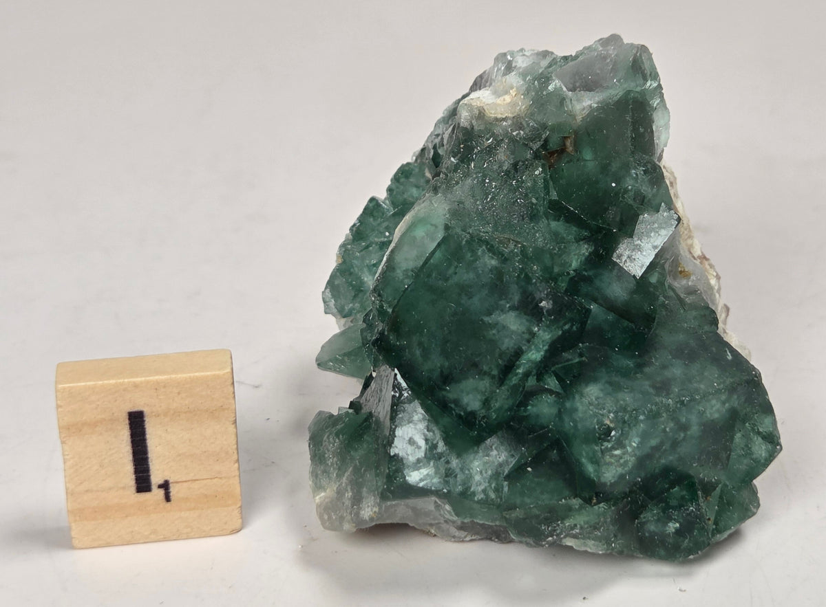 Green Fluorite specimen with a wood tile with the letter I against a marbled background