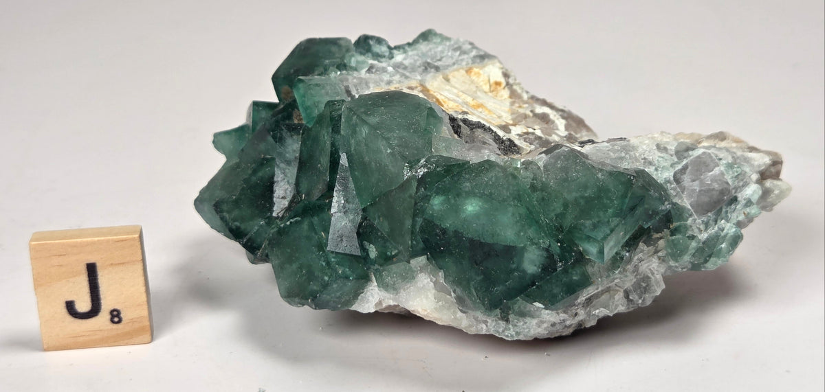 Green Fluorite specimen with a wood tile with the letter J against a marbled background