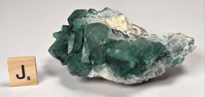 Green Fluorite specimen with a wood tile with the letter J against a marbled background