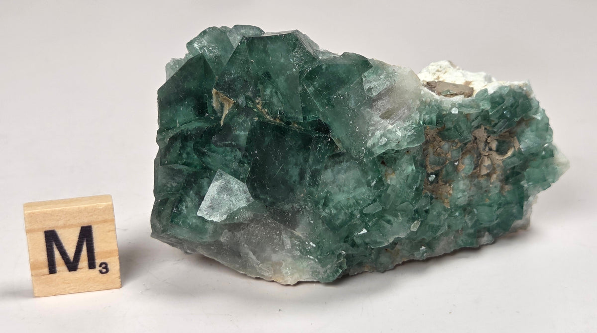 Green Fluorite specimen with a wood tile with the letter M against a marbled background
