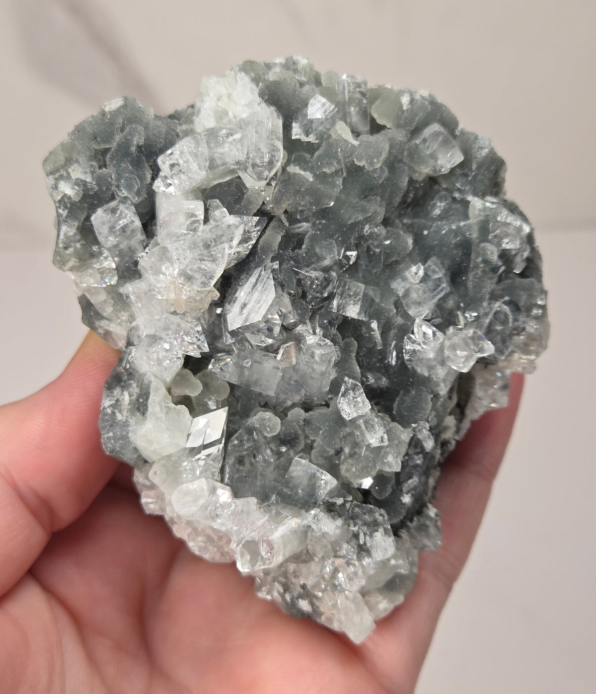 Apophyllite specimens with translucent, clear crystals on a grey crystal matrix