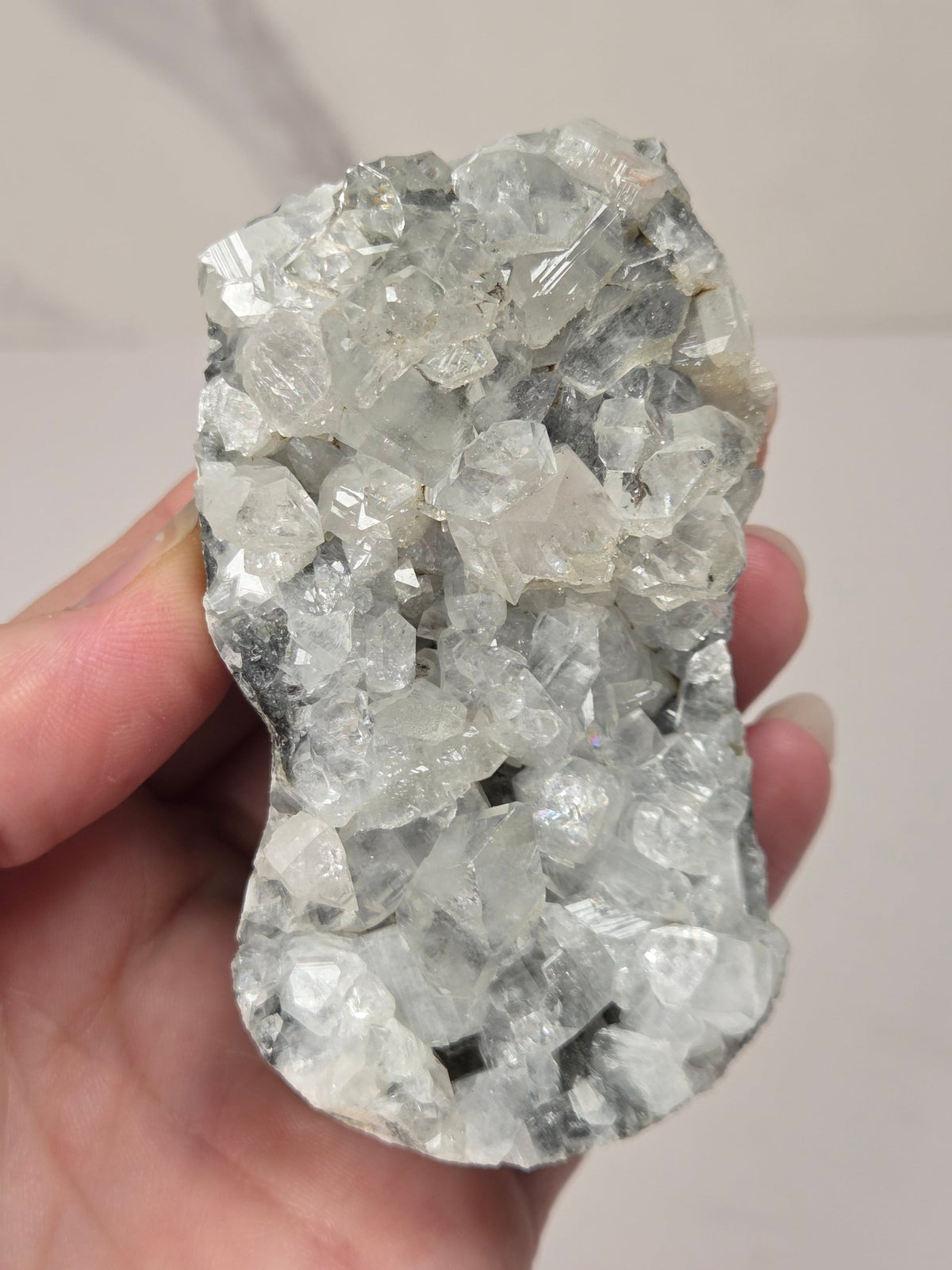 Apophyllite specimens with translucent, clear crystals on a grey crystal matrix