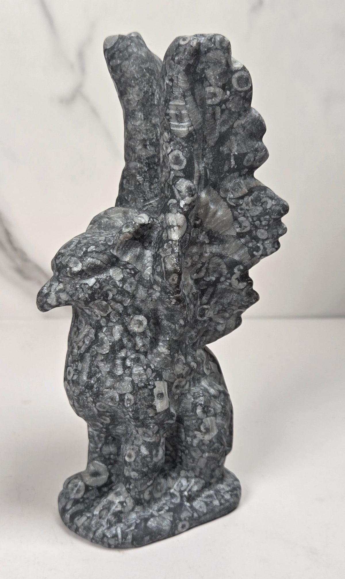 Griffon style carving made of crinoid fossil jasper material showing fossils against a marbled background