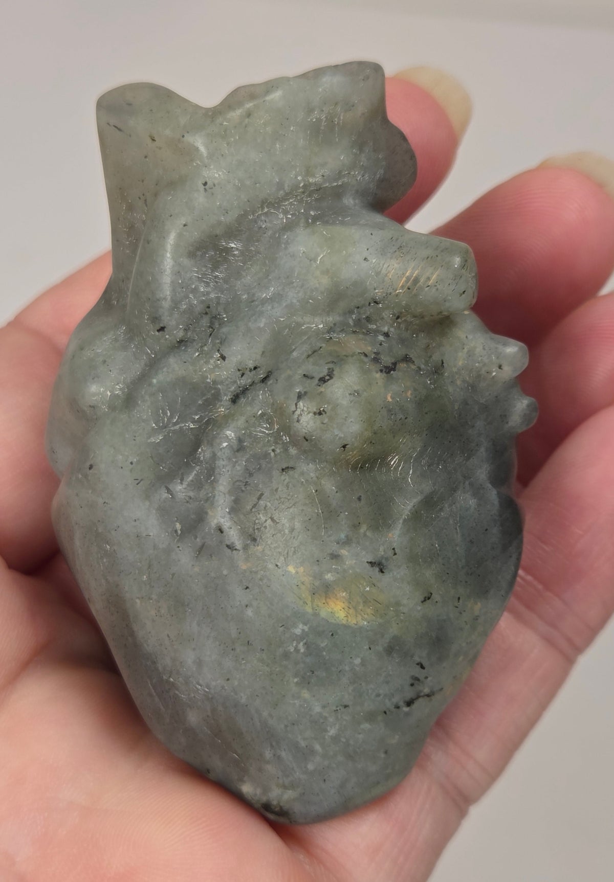 Hand holding a grey labradorite carving of an anatomical heart against a white background