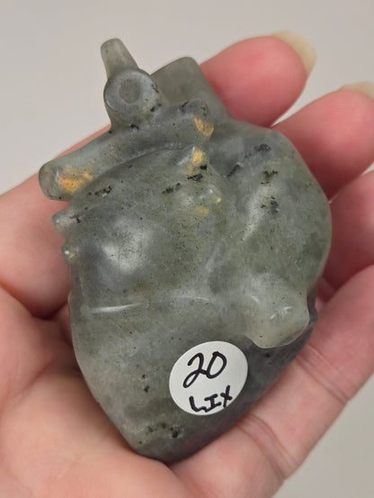 Hand holding a grey labradorite carving of an anatomical heart against a white background