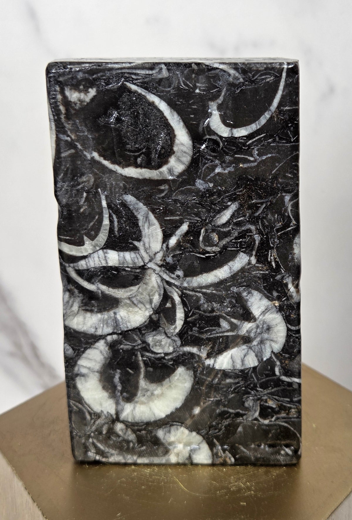 Carving of a faceless woman wearing a robe, sitting on a chair, in marbled black and white, on a wooden stand against a marble background