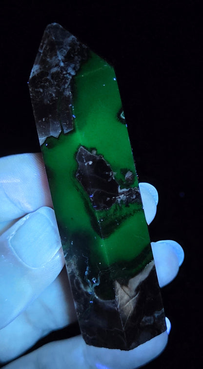 Volcano Agate polished point being held in a hand showing green  color under UV lighting against a  black background