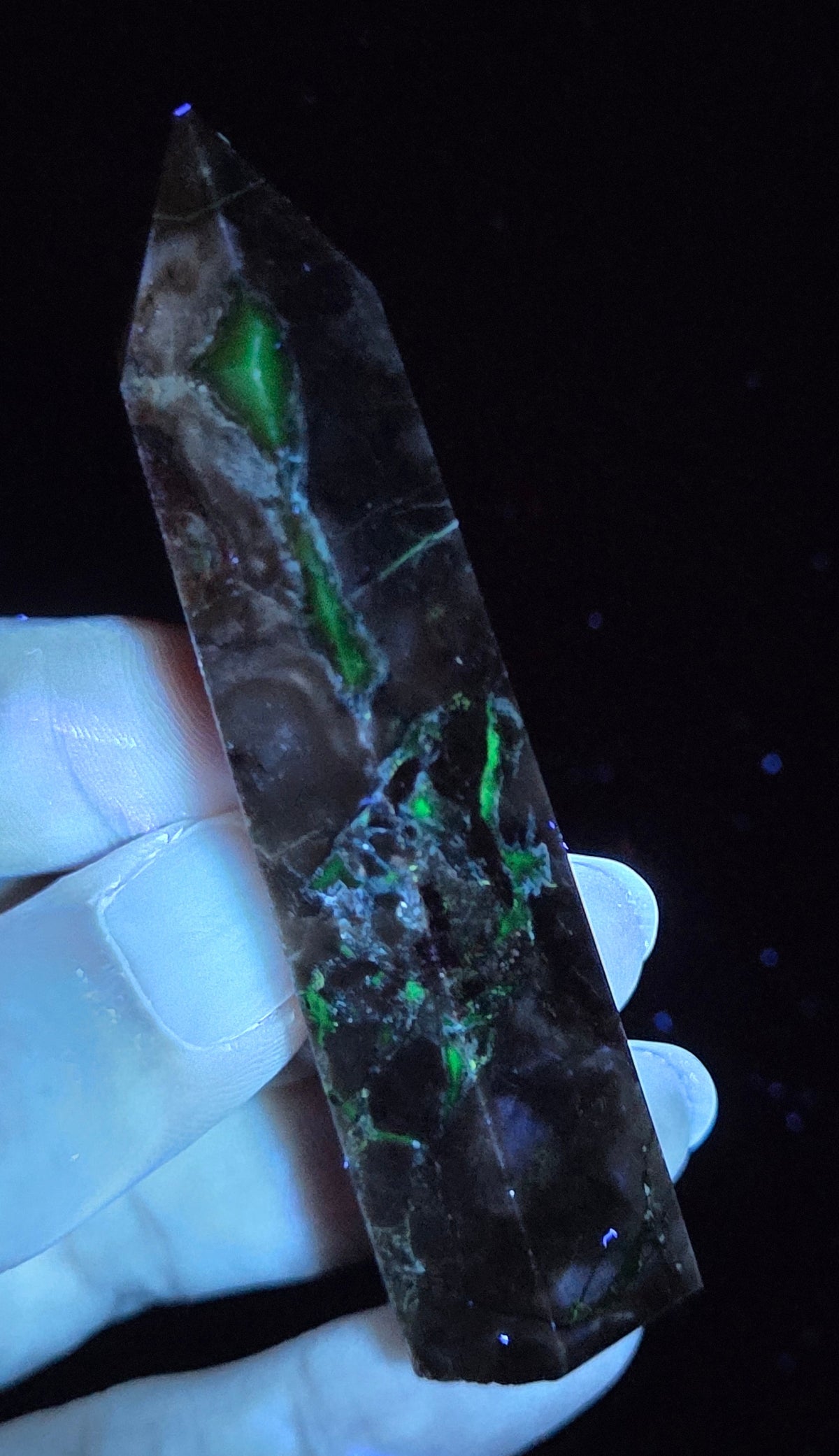 Volcano Agate polished point being held in a hand showing green  color under UV lighting against a  black background