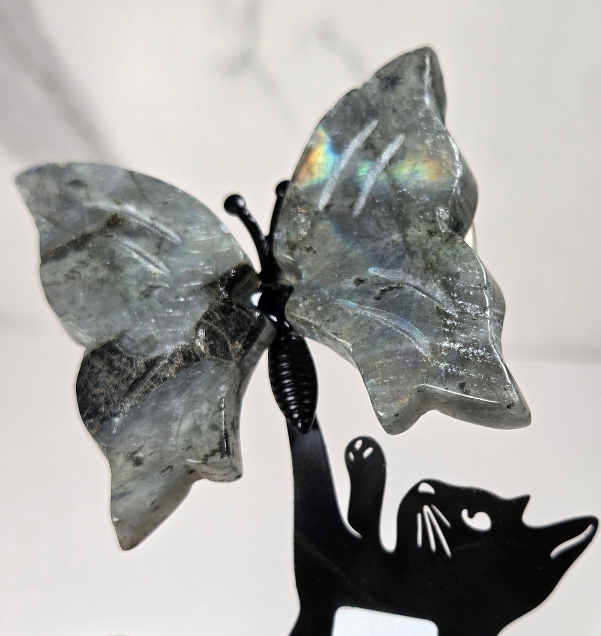 A hand holding a black metal cat silhouette ornament with a gray labradorite butterfly wing attached above it, against a light marble-patterned background.