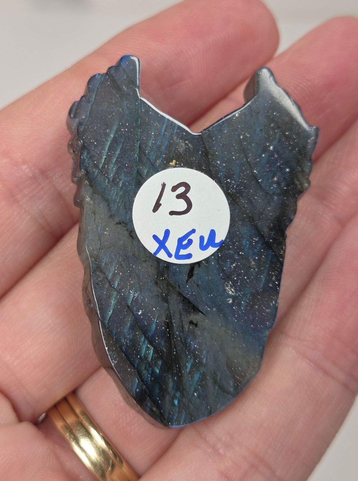 blue flash labradorite angel wings being held in a hand against a white background