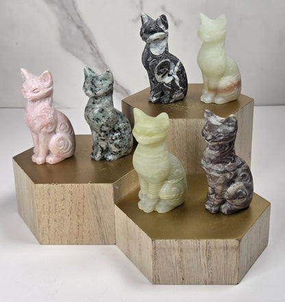 Collection of crystal carvings shaped like a cat, in a variety of colors and materials, all sitting on a wooden shelf against a marbled background