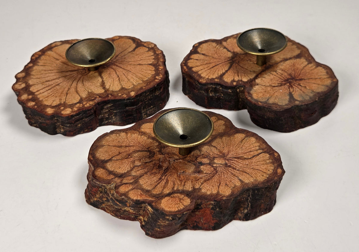 Wood slabs with bronze sphere holders against a white background