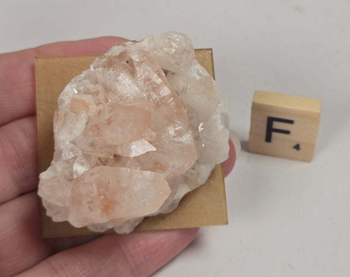 pink colored calcite specimen with a scrabble tile against a marbled background