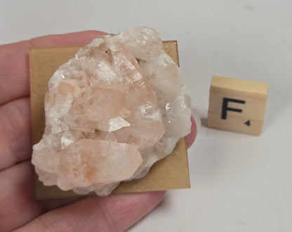 pink colored calcite specimen with a scrabble tile against a marbled background