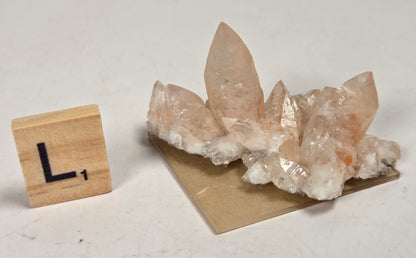 pink colored calcite specimen with a scrabble tile against a marbled background