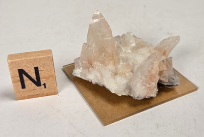 pink colored calcite specimen with a scrabble tile against a marbled background