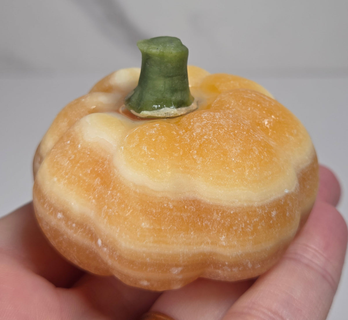 Hand holding an Orange calcite pumpkin carvings with green jade stems against a white background