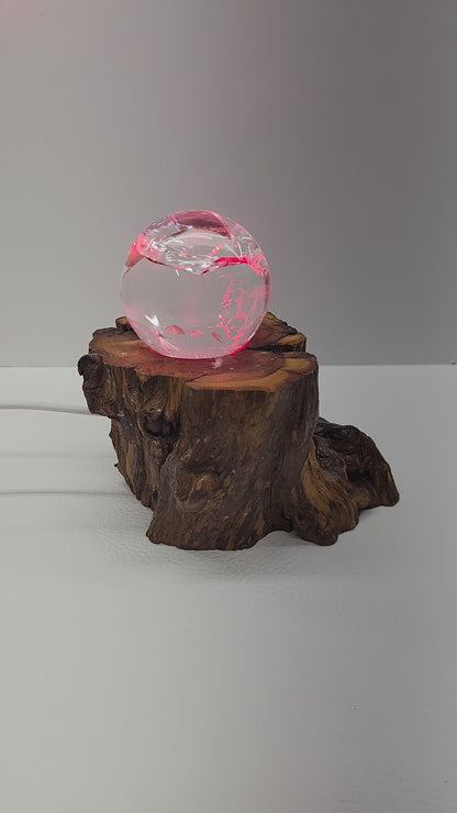 Lighted sphere stand - wood stump